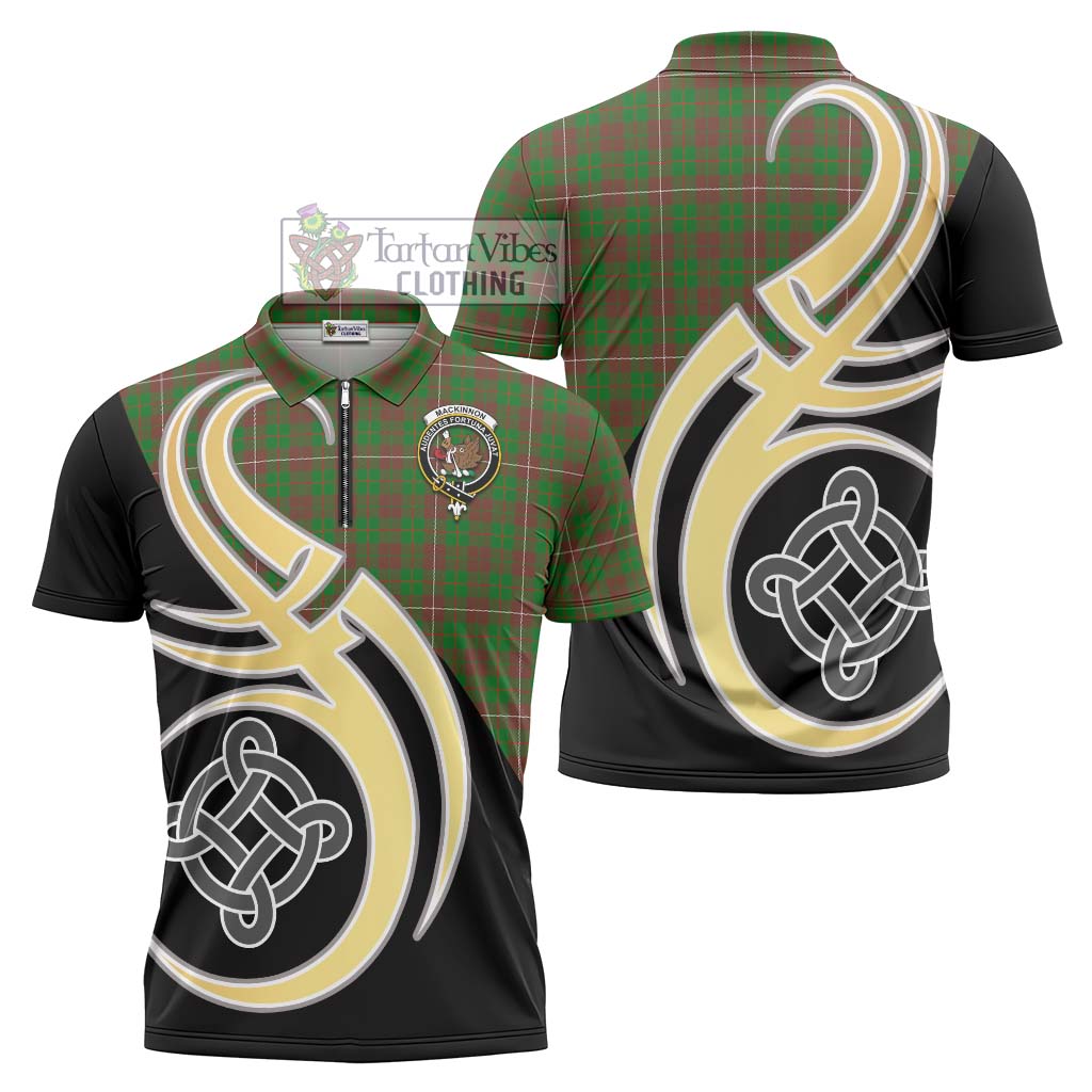 Tartan Vibes Clothing MacKinnon Hunting Modern Tartan Zipper Polo Shirt with Family Crest and Celtic Symbol Style