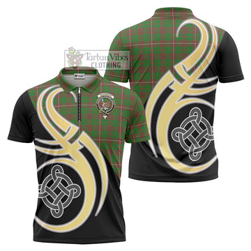 MacKinnon Hunting Modern Tartan Zipper Polo Shirt with Family Crest and Celtic Symbol Style