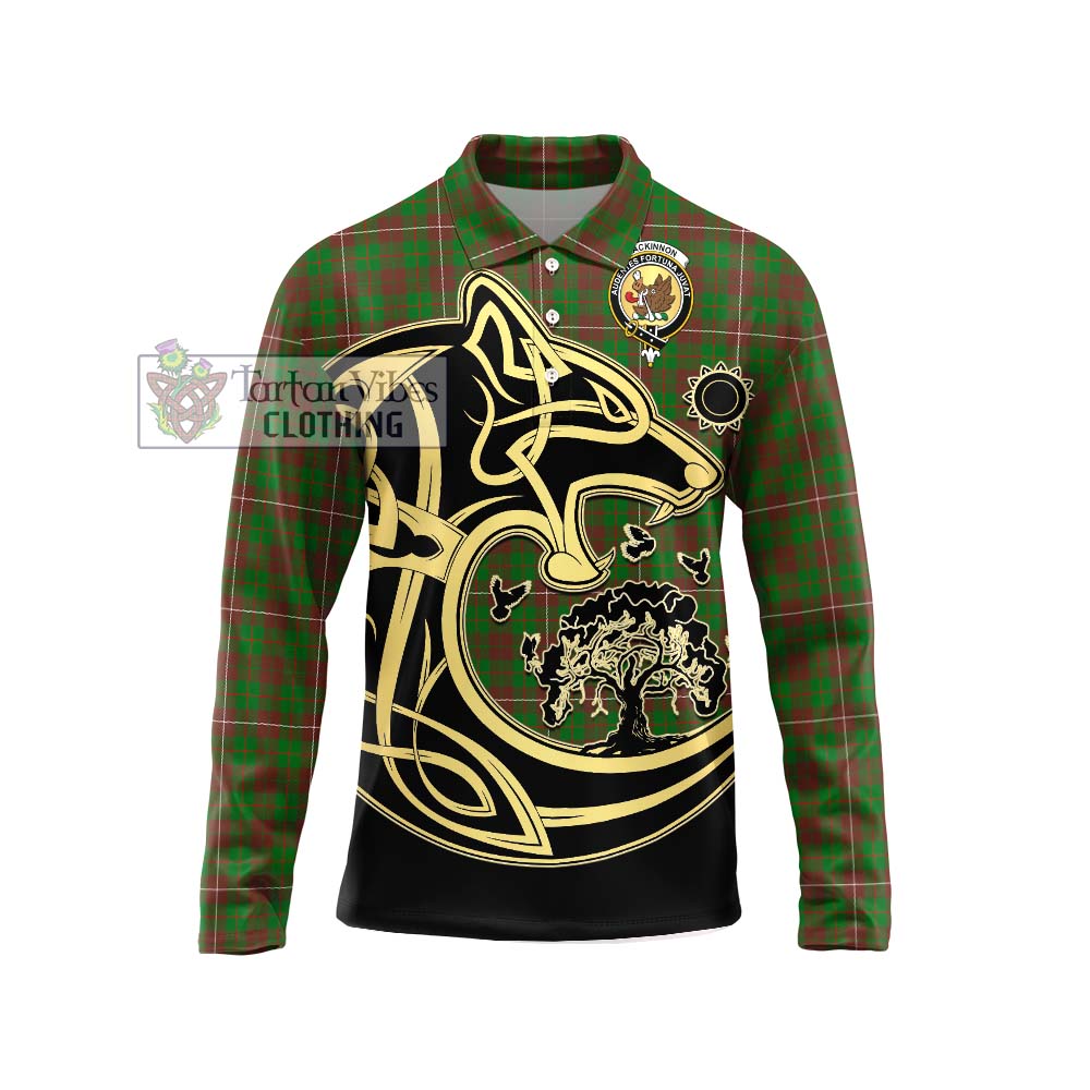 MacKinnon Hunting Modern Tartan Long Sleeve Polo Shirt with Family Crest Celtic Wolf Style Unisex - Tartanvibesclothing Shop