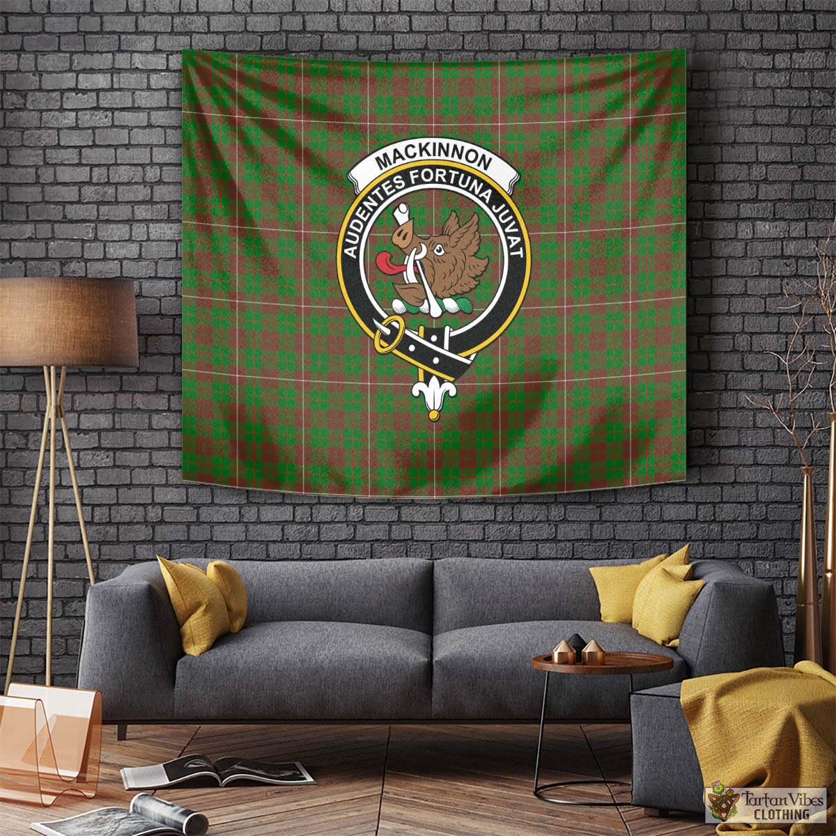 Tartan Vibes Clothing MacKinnon Hunting Modern Tartan Tapestry Wall Hanging and Home Decor for Room with Family Crest