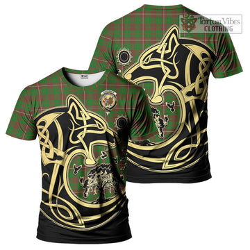 MacKinnon Hunting Modern Tartan T-Shirt with Family Crest Celtic Wolf Style