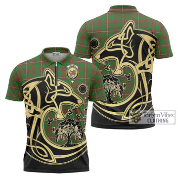 MacKinnon Hunting Modern Tartan Zipper Polo Shirt with Family Crest Celtic Wolf Style