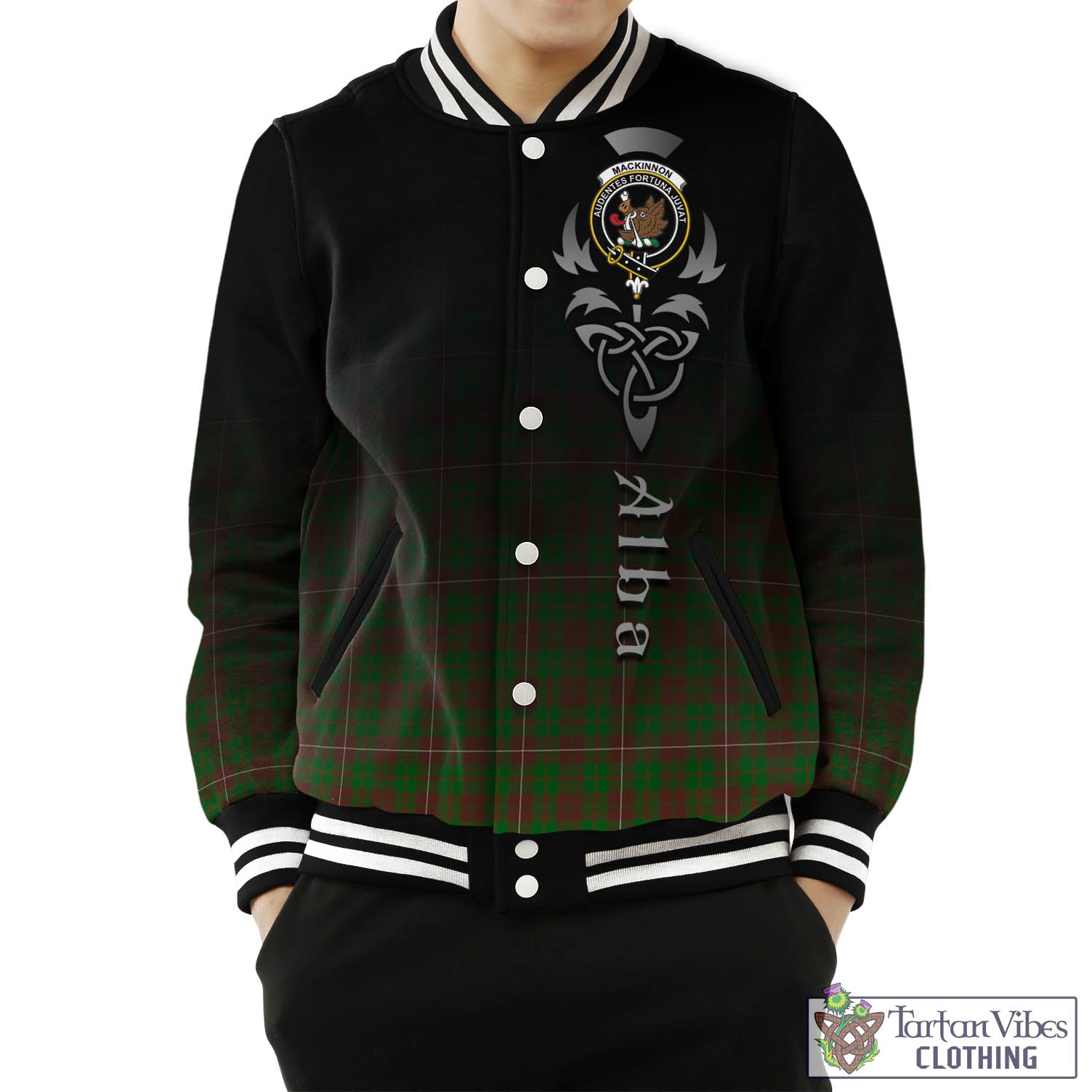 Tartan Vibes Clothing MacKinnon Hunting Modern Tartan Baseball Jacket Featuring Alba Gu Brath Family Crest Celtic Inspired