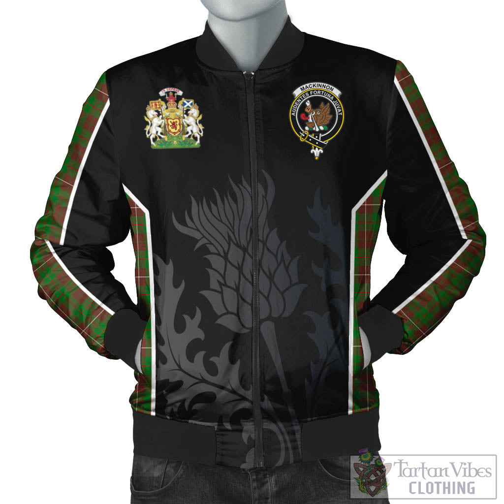 Tartan Vibes Clothing MacKinnon Hunting Modern Tartan Bomber Jacket with Family Crest and Scottish Thistle Vibes Sport Style