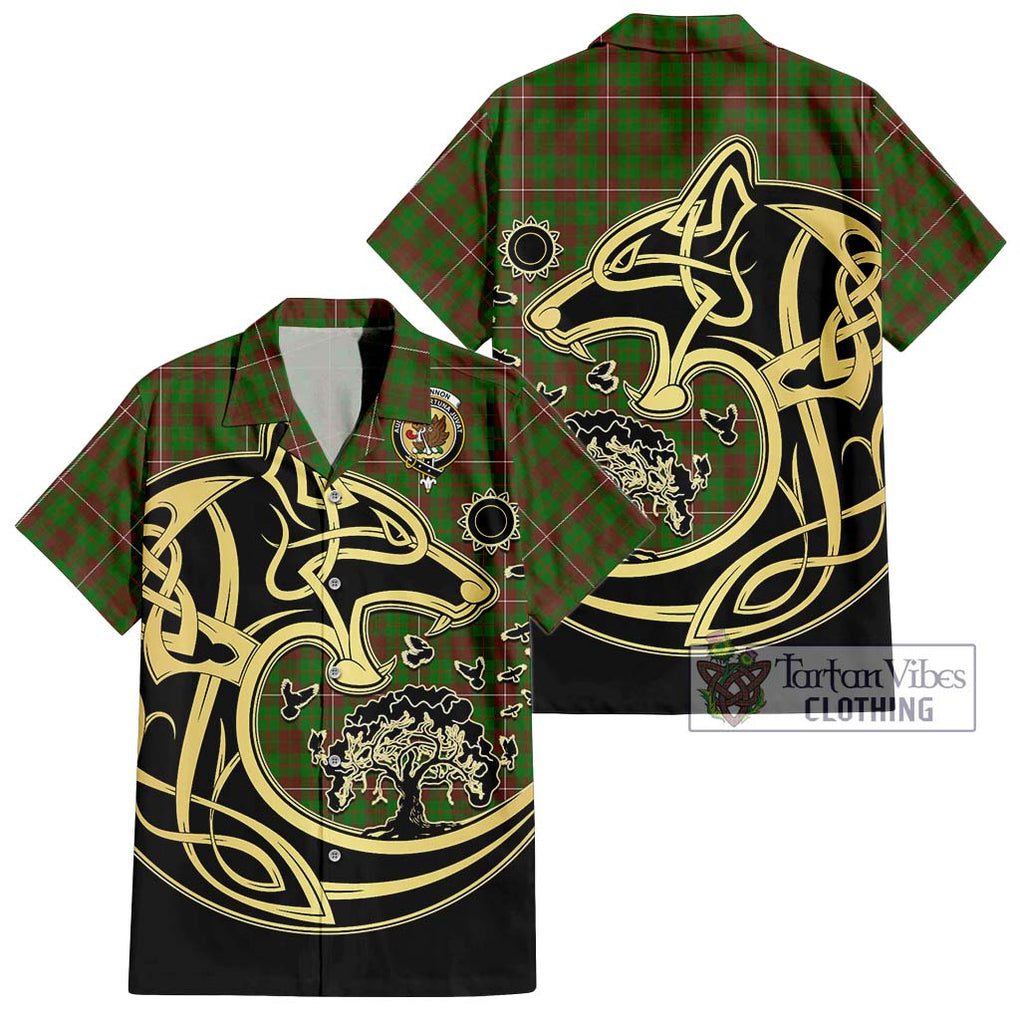 MacKinnon Hunting Modern Tartan Short Sleeve Button Shirt with Family Crest Celtic Wolf Style Kid - Tartan Vibes Clothing