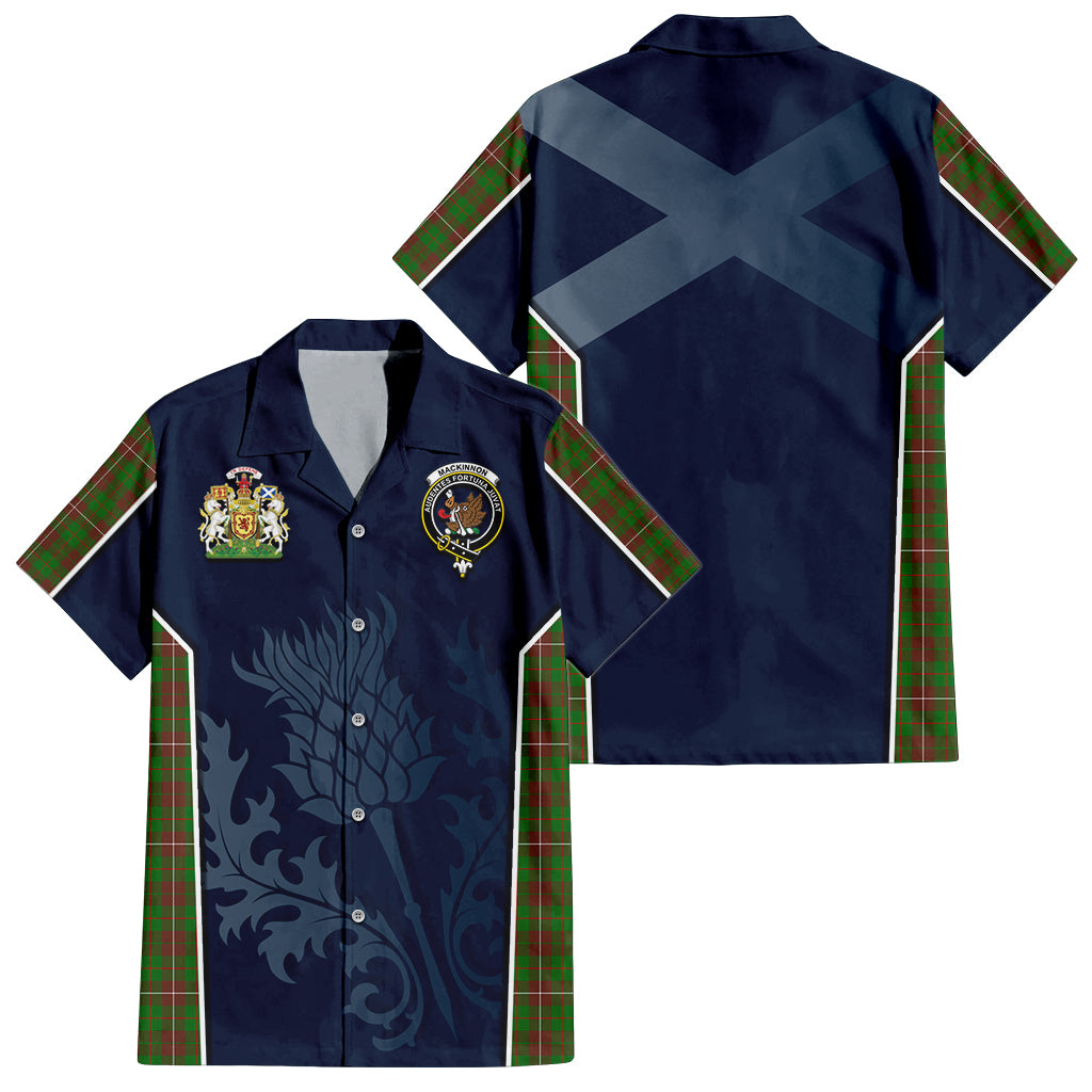 Tartan Vibes Clothing MacKinnon Hunting Modern Tartan Short Sleeve Button Up Shirt with Family Crest and Scottish Thistle Vibes Sport Style