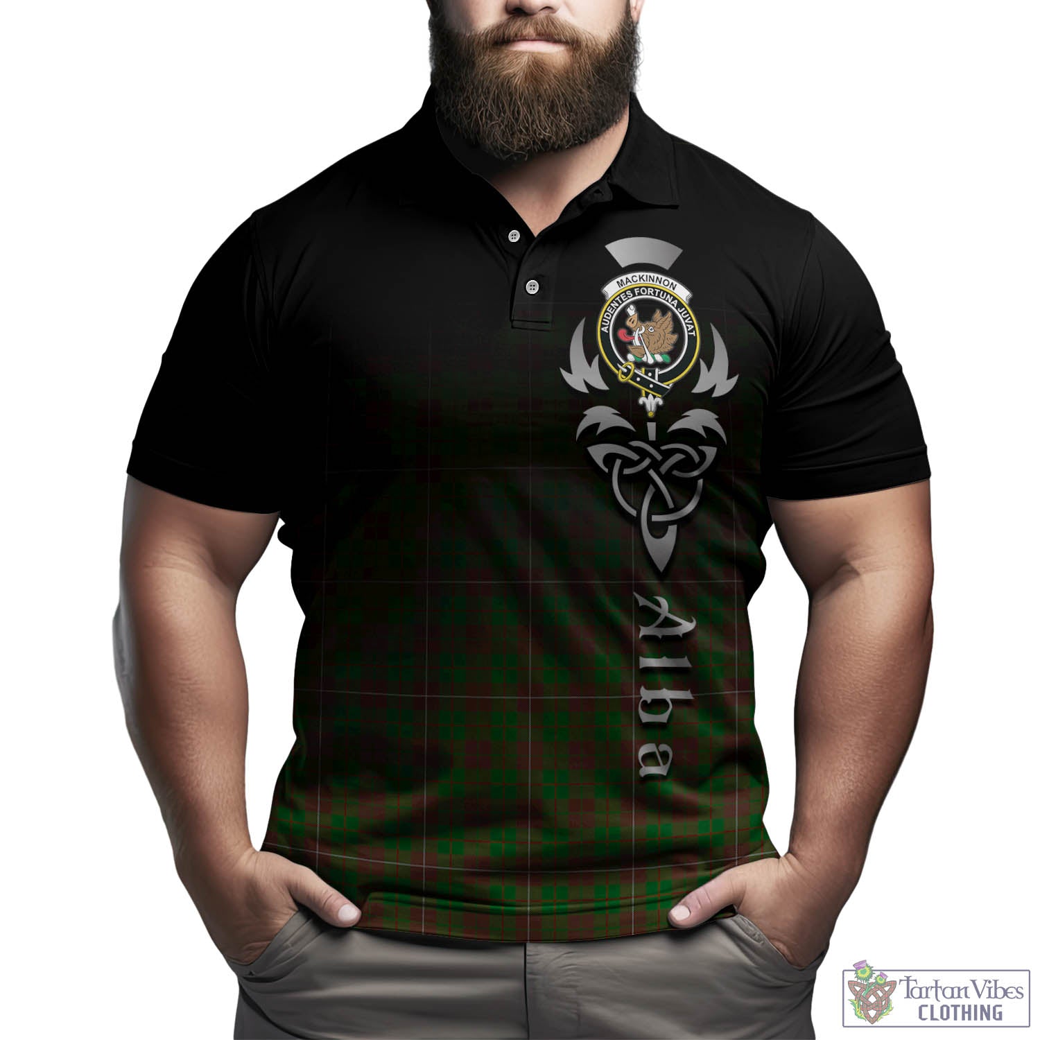 Tartan Vibes Clothing MacKinnon Hunting Modern Tartan Polo Shirt Featuring Alba Gu Brath Family Crest Celtic Inspired