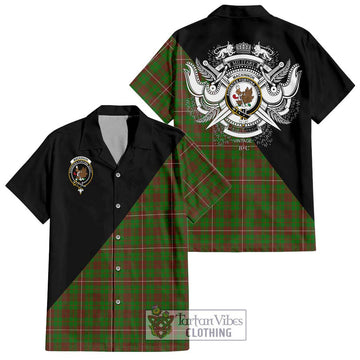 MacKinnon Hunting Modern Tartan Short Sleeve Button Shirt with Family Crest and Military Logo Style