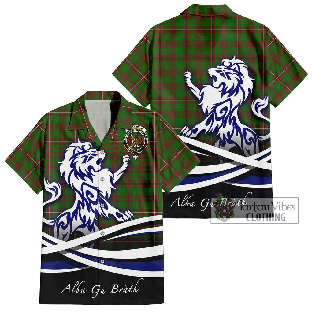 MacKinnon Hunting Modern Tartan Short Sleeve Button Shirt with Alba Gu Brath Regal Lion Emblem Kid - Tartanvibesclothing Shop