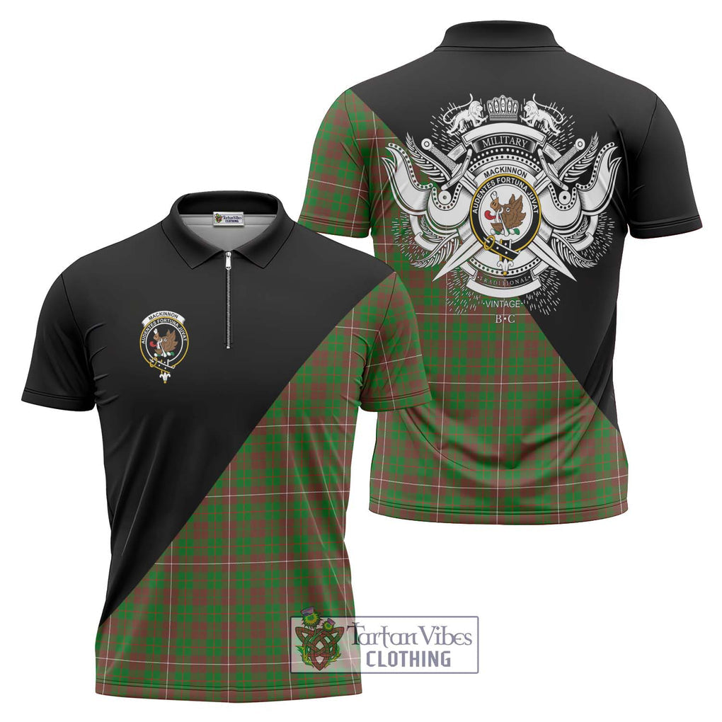 MacKinnon Hunting Modern Tartan Zipper Polo Shirt with Family Crest and Military Logo Style Unisex - Tartanvibesclothing Shop