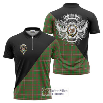 MacKinnon Hunting Modern Tartan Zipper Polo Shirt with Family Crest and Military Logo Style