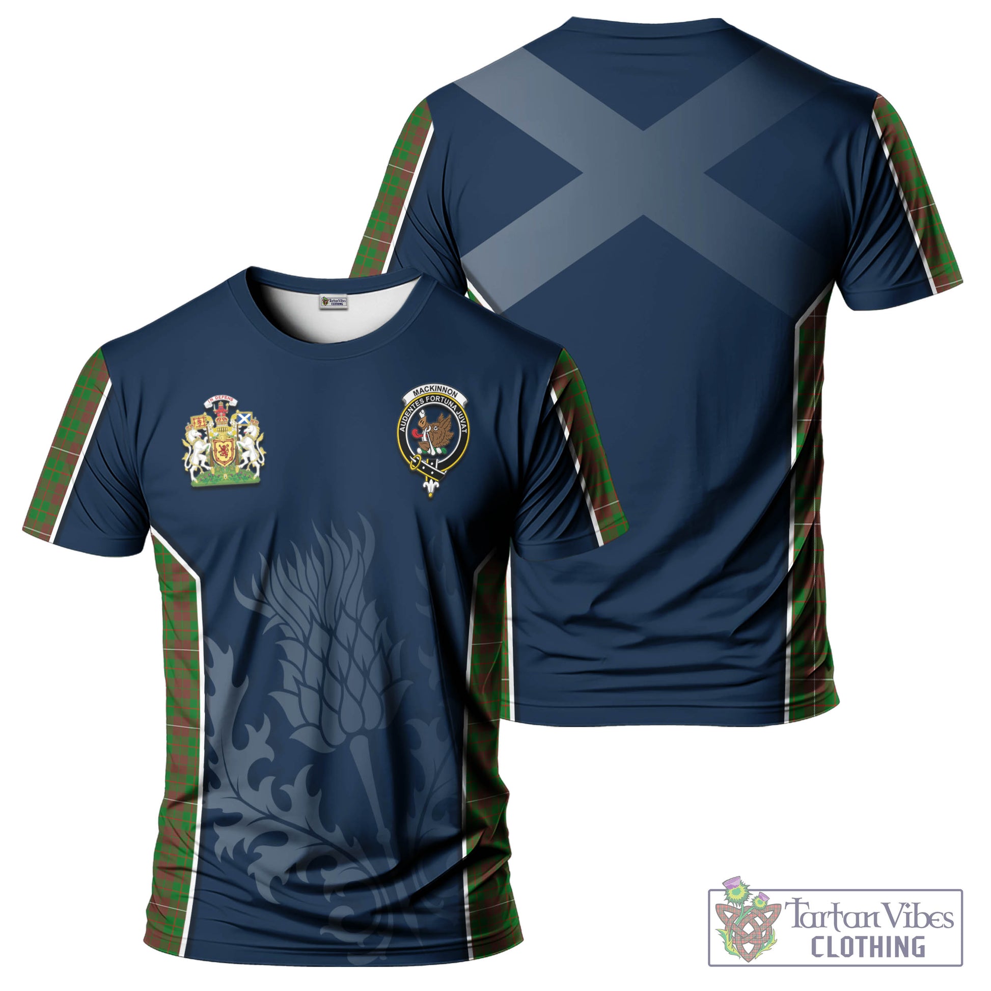 Tartan Vibes Clothing MacKinnon Hunting Modern Tartan T-Shirt with Family Crest and Scottish Thistle Vibes Sport Style