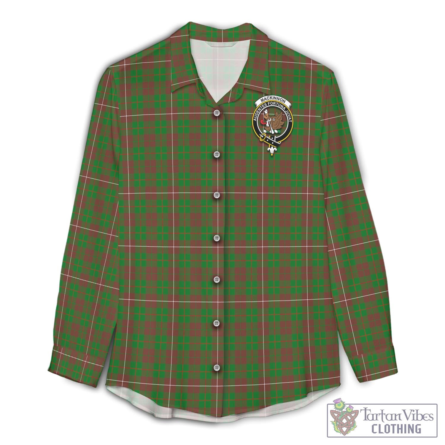 Tartan Vibes Clothing MacKinnon Hunting Modern Tartan Womens Casual Shirt with Family Crest