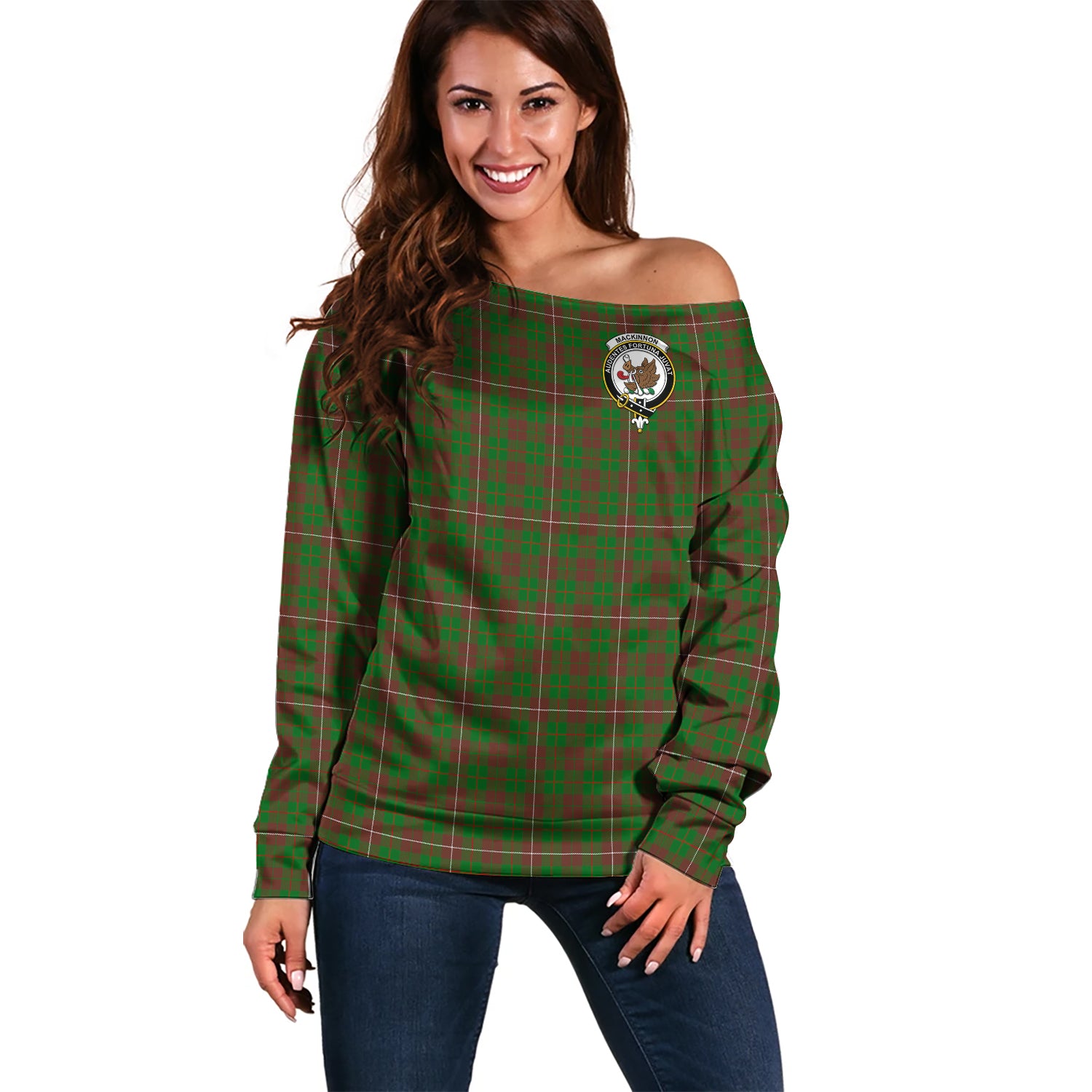 MacKinnon Hunting Modern Tartan Off Shoulder Women Sweater with Family Crest Women - Tartanvibesclothing