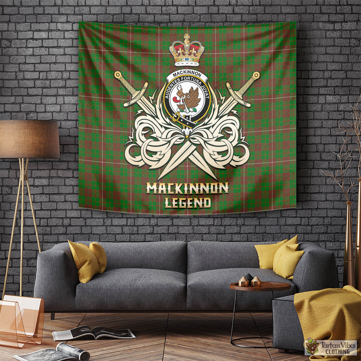 Tartan Vibes Clothing MacKinnon Hunting Modern Tartan Tapestry with Clan Crest and the Golden Sword of Courageous Legacy