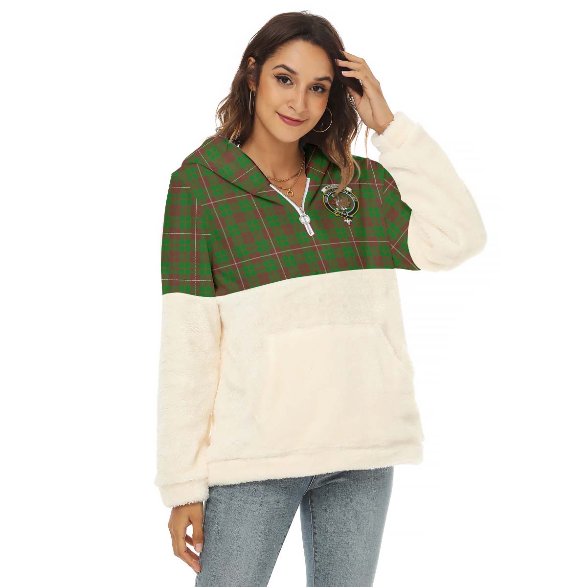 MacKinnon Hunting Modern Tartan Women's Borg Fleece Hoodie With Half Zip with Family Crest Female - Tartan Vibes Clothing