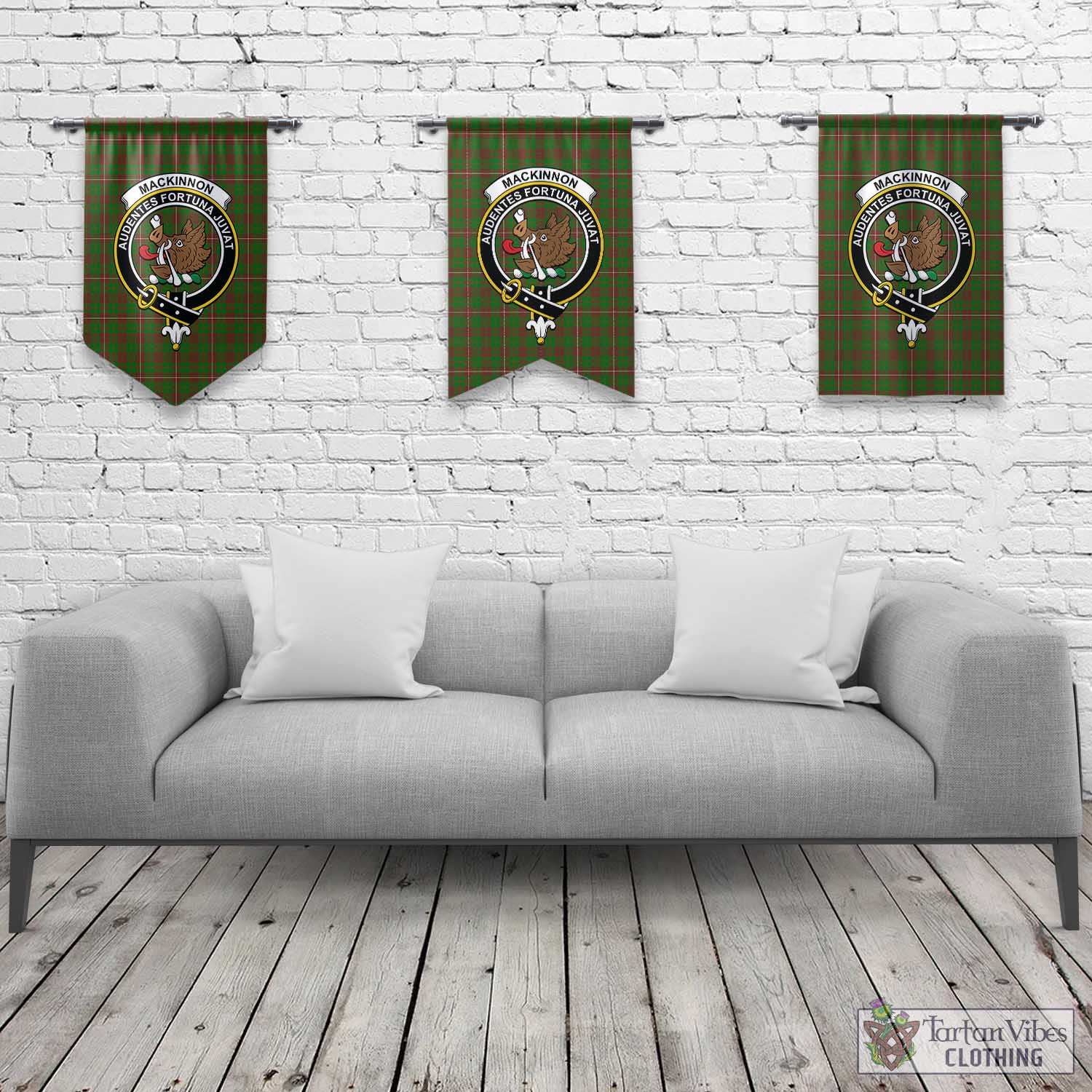 Tartan Vibes Clothing MacKinnon Hunting Modern Tartan Gonfalon, Tartan Banner with Family Crest