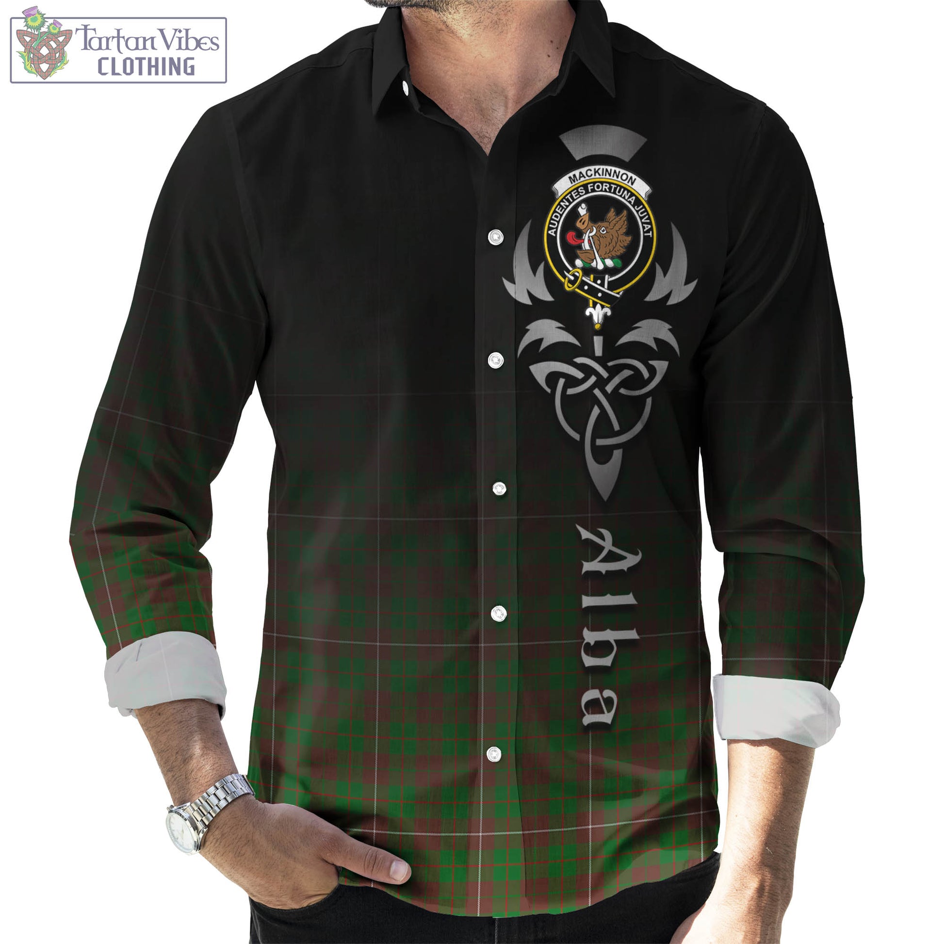 Tartan Vibes Clothing MacKinnon Hunting Modern Tartan Long Sleeve Button Up Featuring Alba Gu Brath Family Crest Celtic Inspired