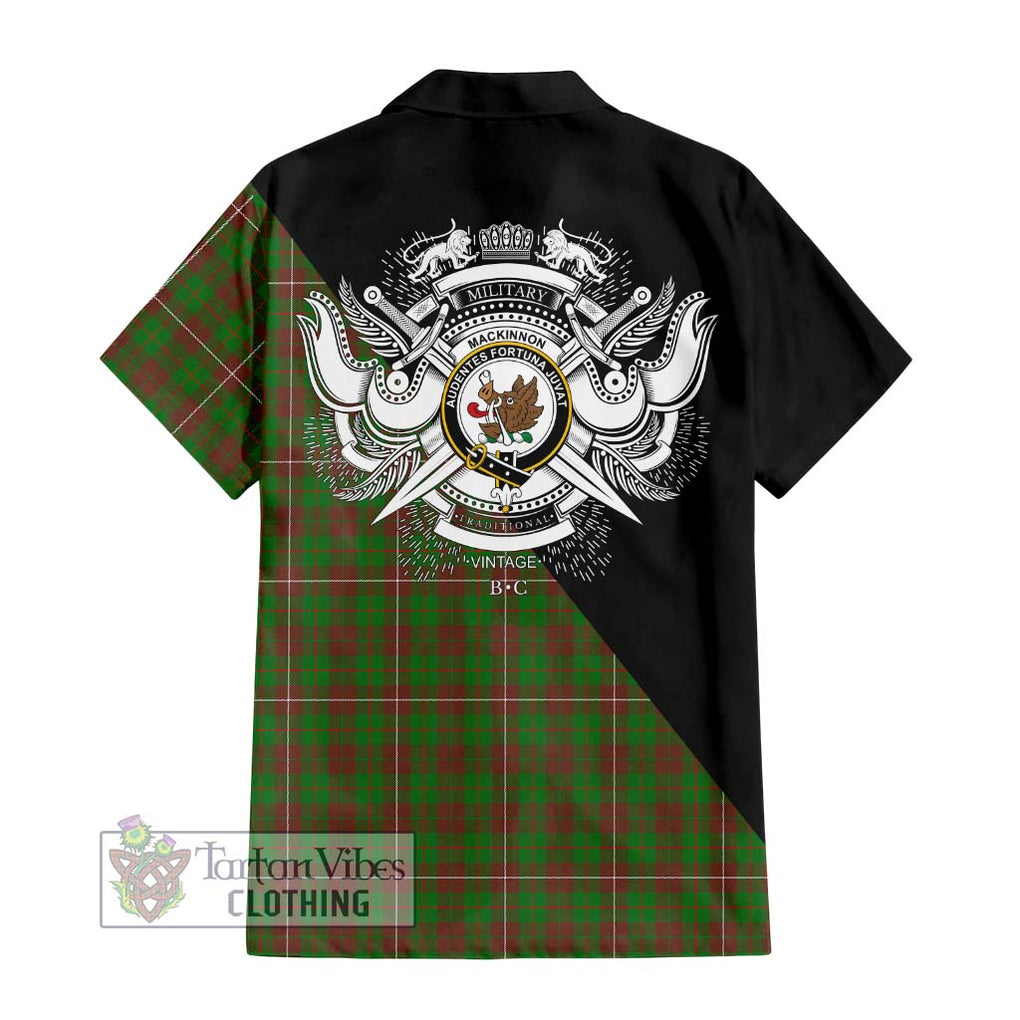 MacKinnon Hunting Modern Tartan Short Sleeve Button Shirt with Family Crest and Military Logo Style - Tartanvibesclothing Shop