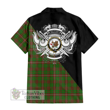 MacKinnon Hunting Modern Tartan Short Sleeve Button Shirt with Family Crest and Military Logo Style