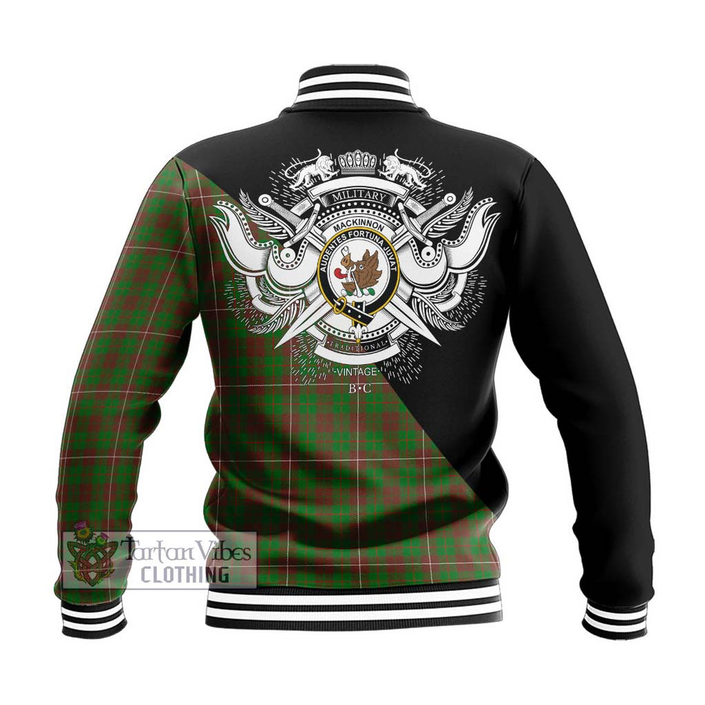 MacKinnon Hunting Modern Tartan Baseball Jacket with Family Crest and Military Logo Style - Tartanvibesclothing Shop