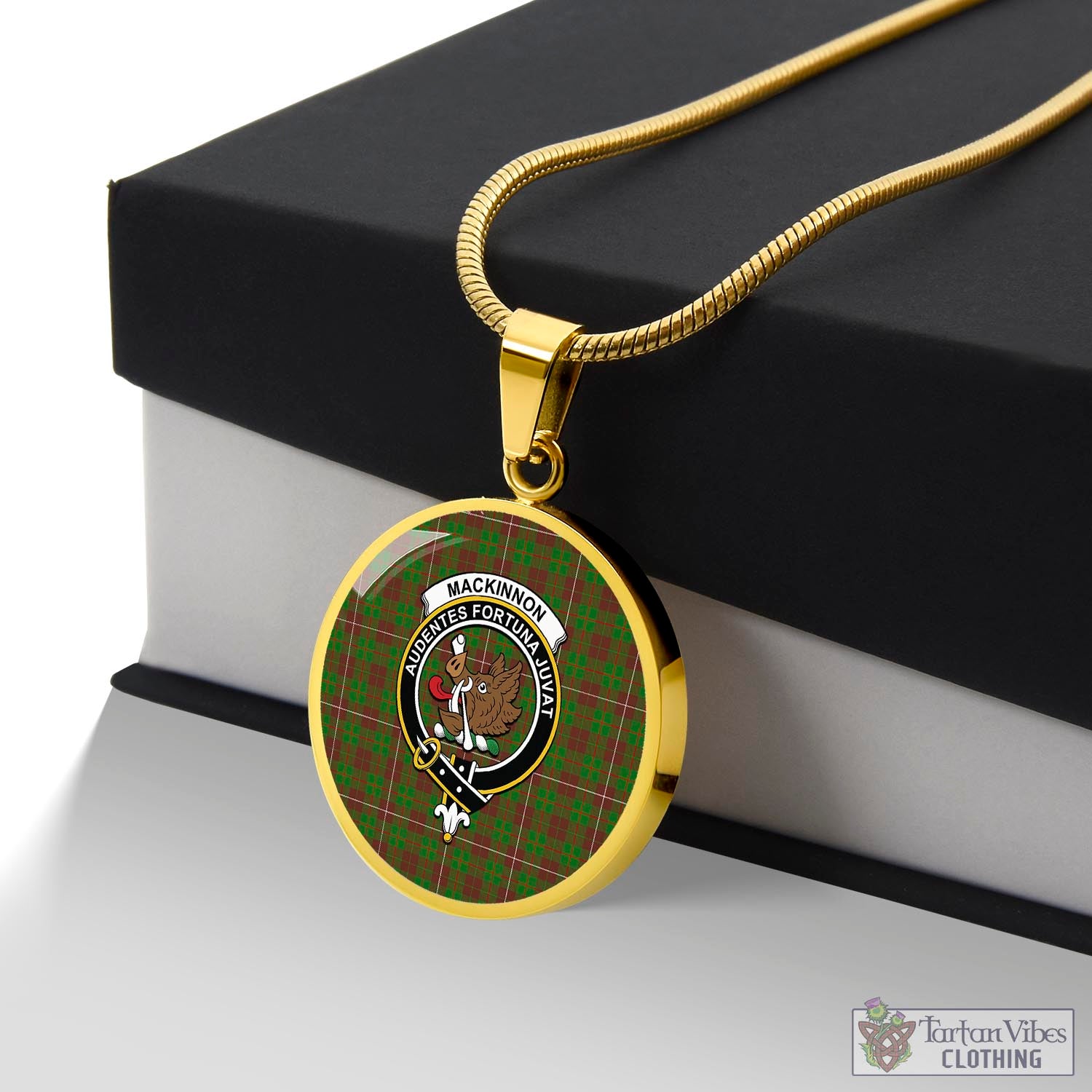 Tartan Vibes Clothing MacKinnon Hunting Modern Tartan Circle Necklace with Family Crest