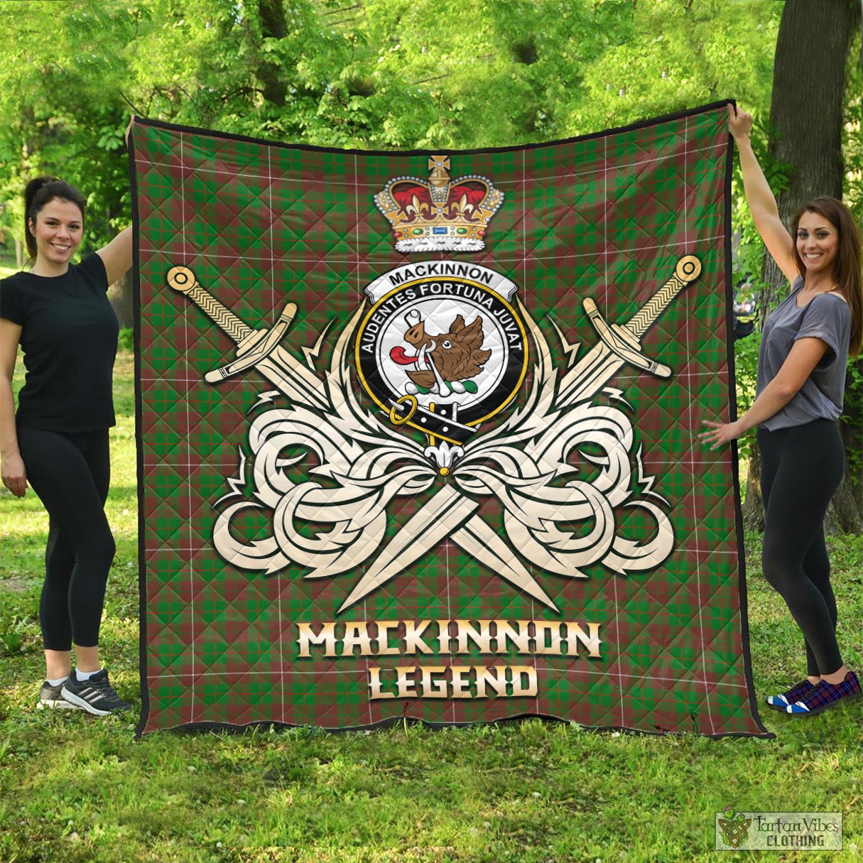 Tartan Vibes Clothing MacKinnon Hunting Modern Tartan Quilt with Clan Crest and the Golden Sword of Courageous Legacy