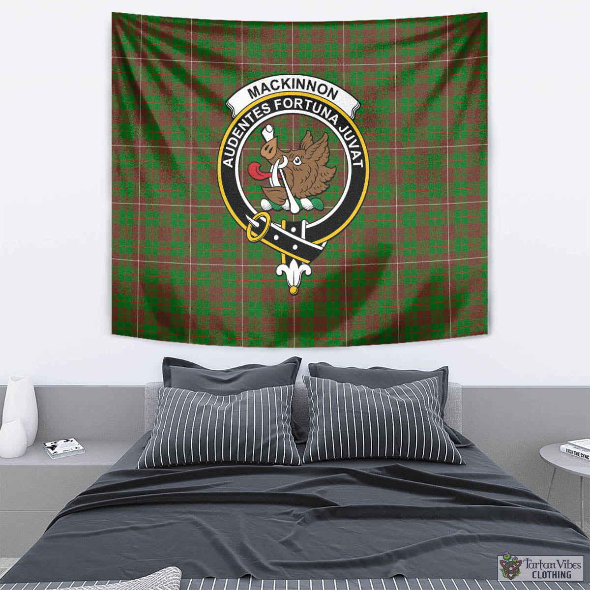 Tartan Vibes Clothing MacKinnon Hunting Modern Tartan Tapestry Wall Hanging and Home Decor for Room with Family Crest