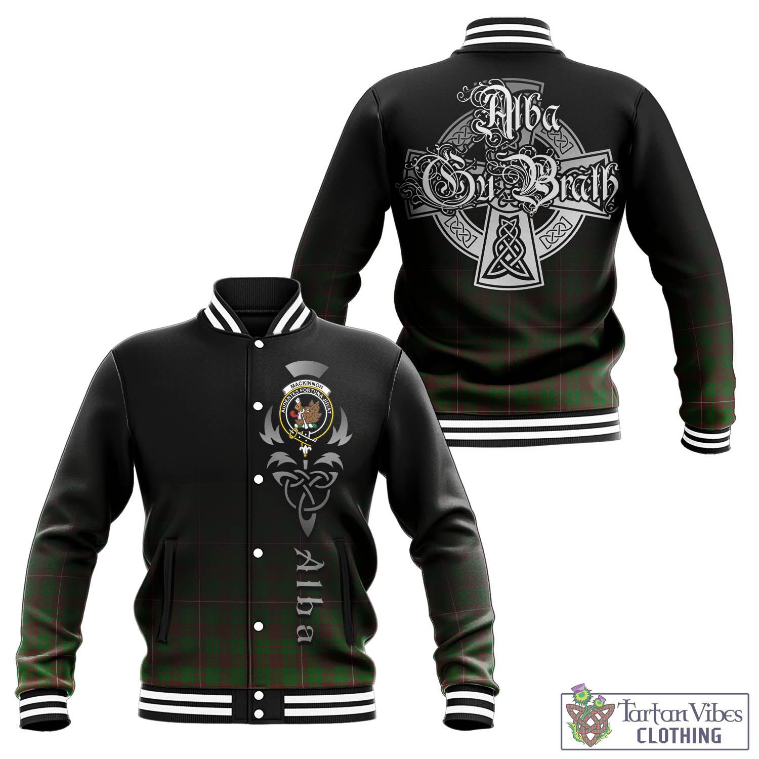 Tartan Vibes Clothing MacKinnon Hunting Modern Tartan Baseball Jacket Featuring Alba Gu Brath Family Crest Celtic Inspired