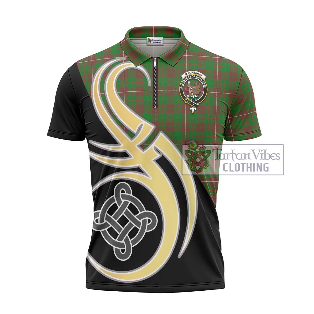 Tartan Vibes Clothing MacKinnon Hunting Modern Tartan Zipper Polo Shirt with Family Crest and Celtic Symbol Style