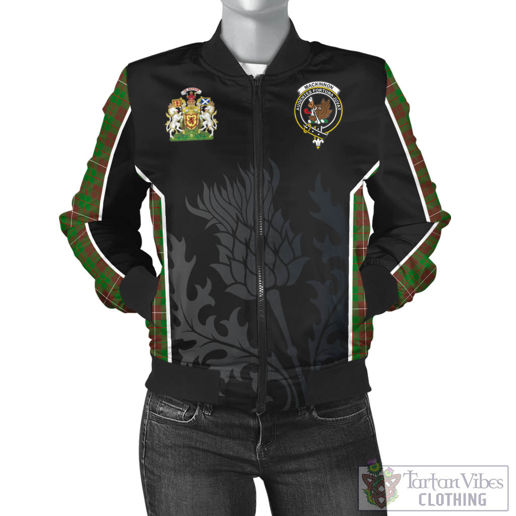 Tartan Vibes Clothing MacKinnon Hunting Modern Tartan Bomber Jacket with Family Crest and Scottish Thistle Vibes Sport Style