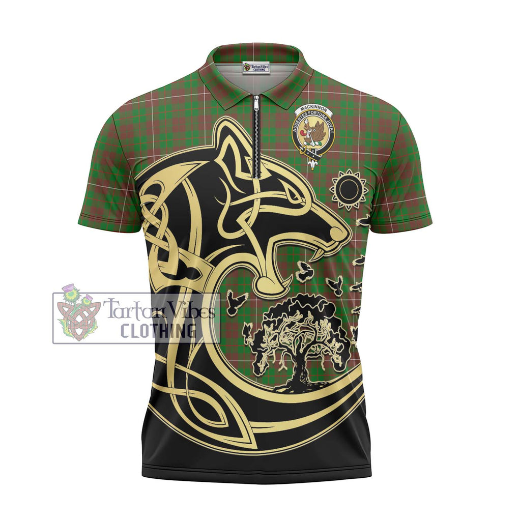 MacKinnon Hunting Modern Tartan Zipper Polo Shirt with Family Crest Celtic Wolf Style - Tartanvibesclothing Shop