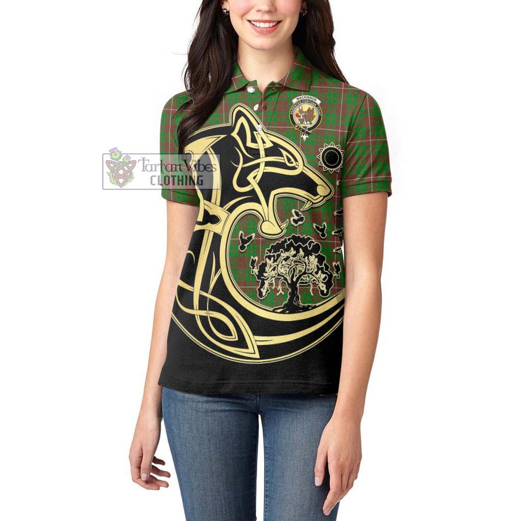 MacKinnon Hunting Modern Tartan Women's Polo Shirt with Family Crest Celtic Wolf Style - Tartanvibesclothing Shop