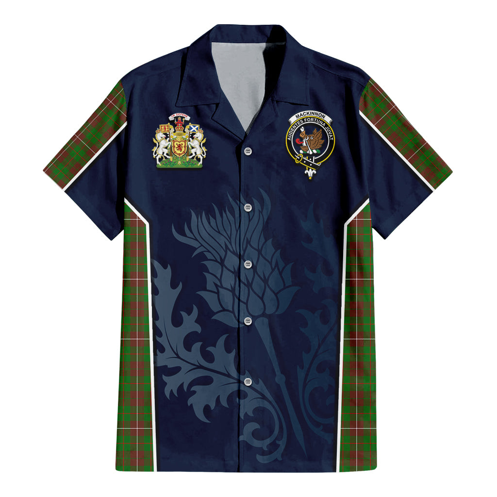 Tartan Vibes Clothing MacKinnon Hunting Modern Tartan Short Sleeve Button Up Shirt with Family Crest and Scottish Thistle Vibes Sport Style