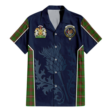 MacKinnon Hunting Modern Tartan Short Sleeve Button Up Shirt with Family Crest and Scottish Thistle Vibes Sport Style