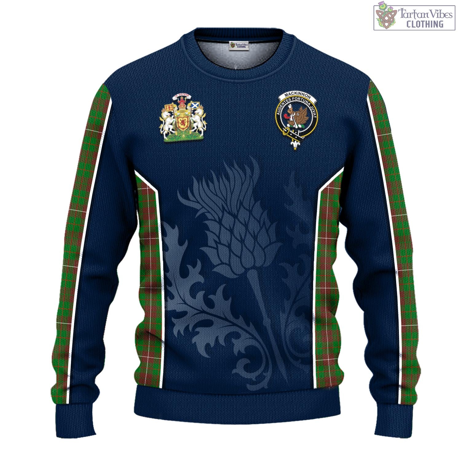 Tartan Vibes Clothing MacKinnon Hunting Modern Tartan Knitted Sweatshirt with Family Crest and Scottish Thistle Vibes Sport Style