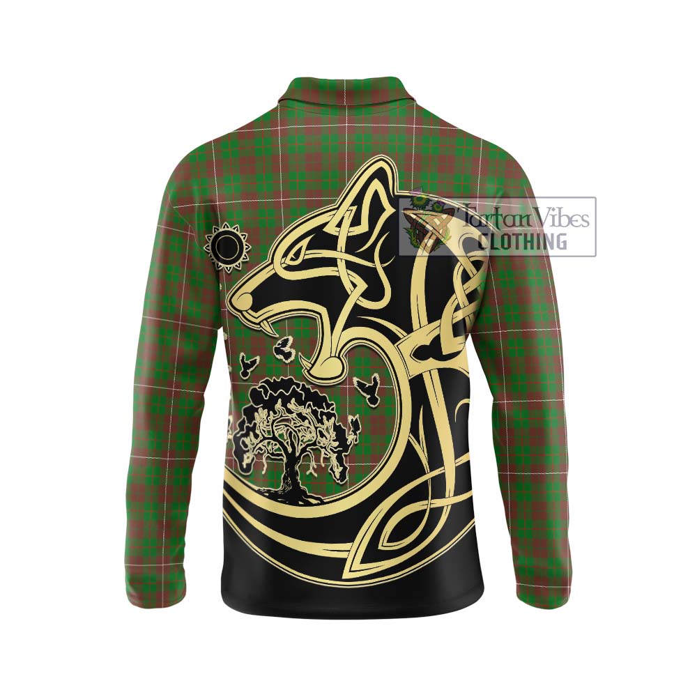 MacKinnon Hunting Modern Tartan Long Sleeve Polo Shirt with Family Crest Celtic Wolf Style - Tartanvibesclothing Shop