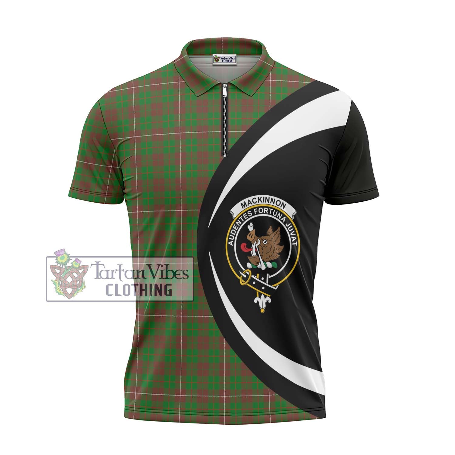 Tartan Vibes Clothing MacKinnon Hunting Modern Tartan Zipper Polo Shirt with Family Crest Circle Style