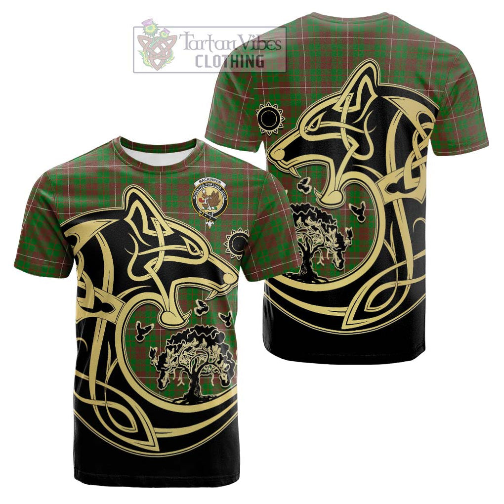 Tartan Vibes Clothing MacKinnon Hunting Modern Tartan Cotton T-shirt with Family Crest Celtic Wolf Style