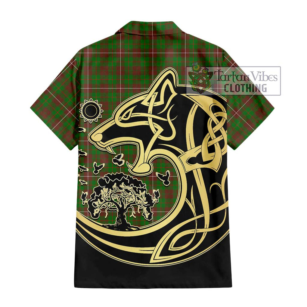 MacKinnon Hunting Modern Tartan Short Sleeve Button Shirt with Family Crest Celtic Wolf Style - Tartan Vibes Clothing