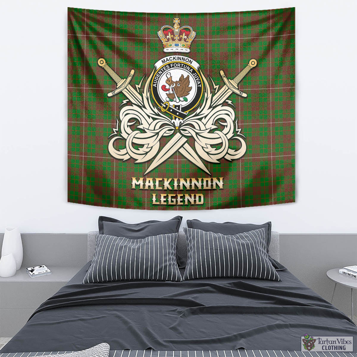 Tartan Vibes Clothing MacKinnon Hunting Modern Tartan Tapestry with Clan Crest and the Golden Sword of Courageous Legacy