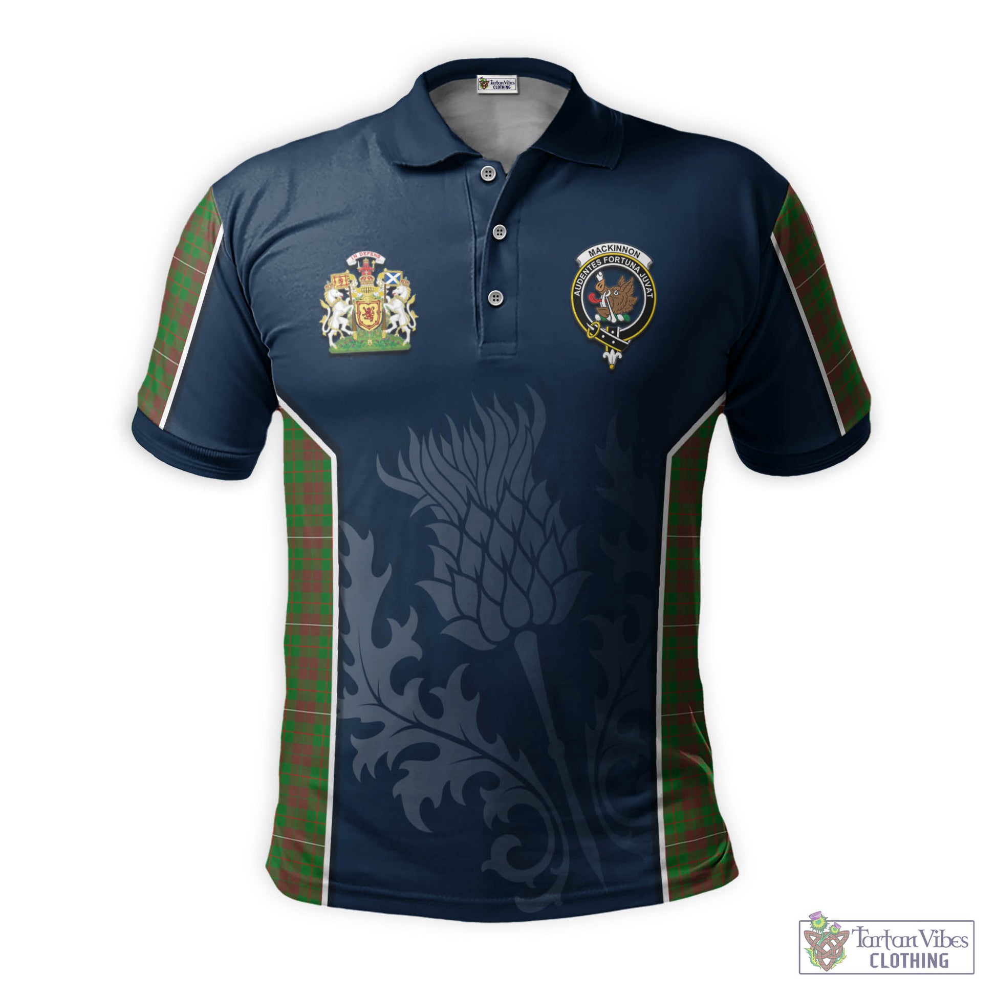 Tartan Vibes Clothing MacKinnon Hunting Modern Tartan Men's Polo Shirt with Family Crest and Scottish Thistle Vibes Sport Style