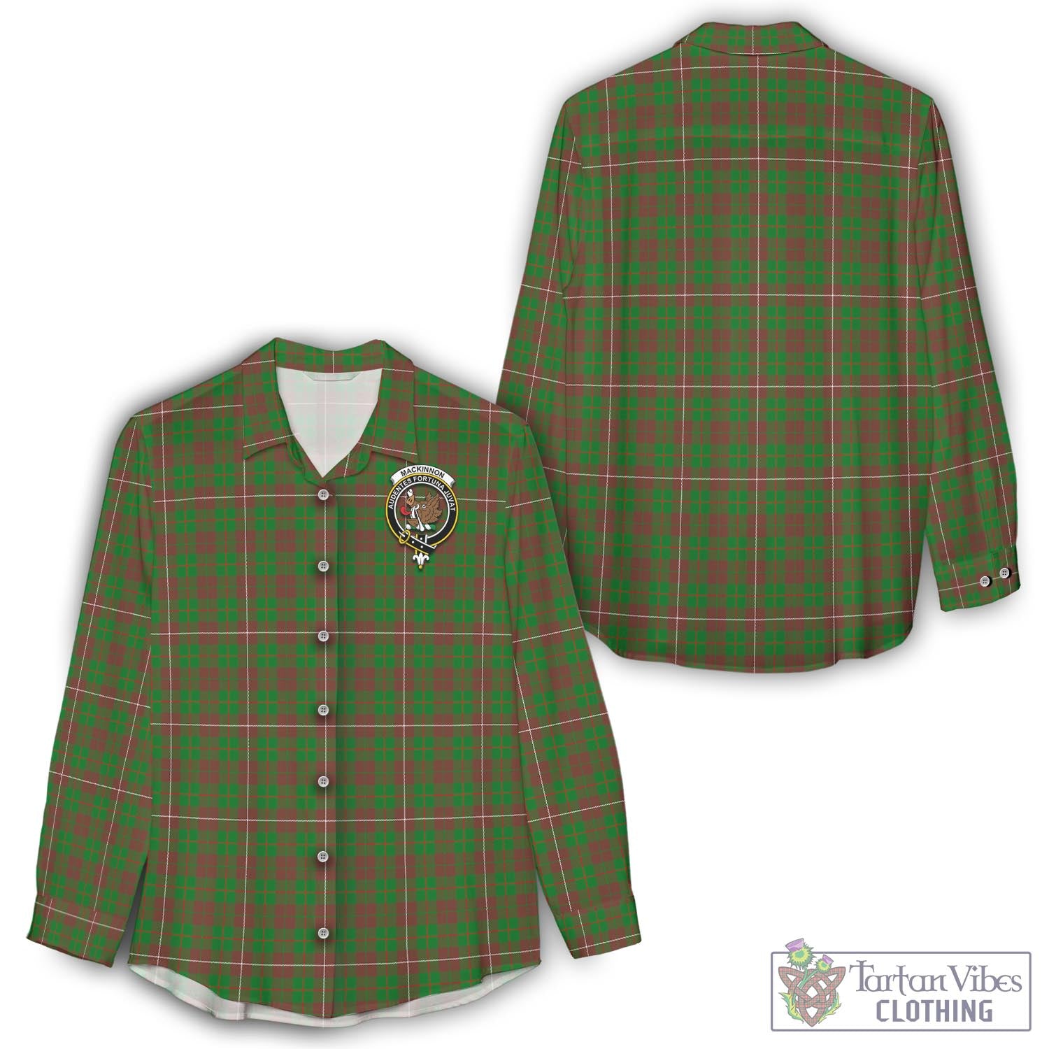 Tartan Vibes Clothing MacKinnon Hunting Modern Tartan Womens Casual Shirt with Family Crest