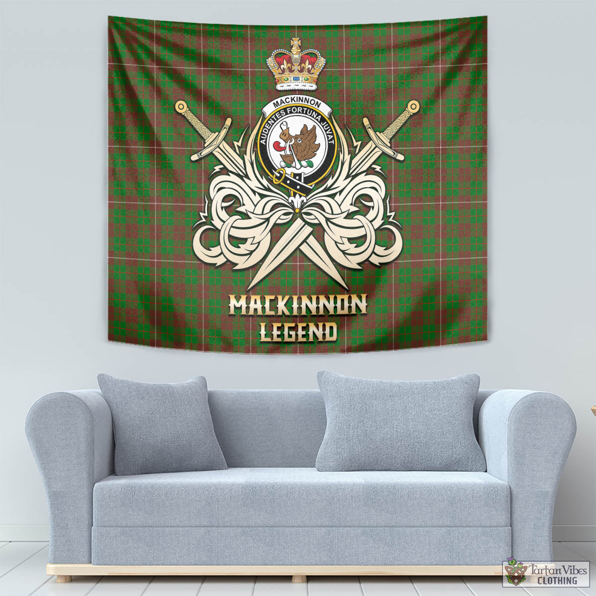 Tartan Vibes Clothing MacKinnon Hunting Modern Tartan Tapestry with Clan Crest and the Golden Sword of Courageous Legacy