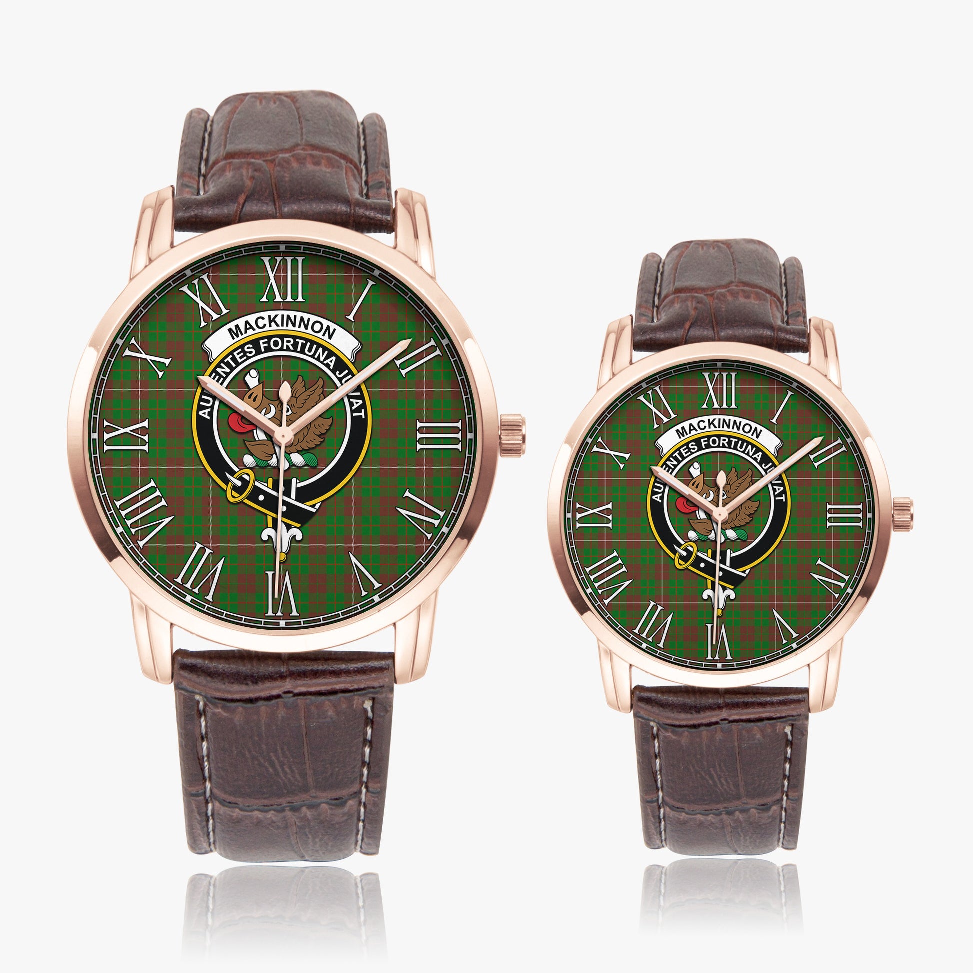 MacKinnon Hunting Modern Tartan Family Crest Leather Strap Quartz Watch - Tartanvibesclothing