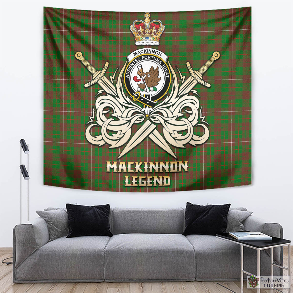 Tartan Vibes Clothing MacKinnon Hunting Modern Tartan Tapestry with Clan Crest and the Golden Sword of Courageous Legacy