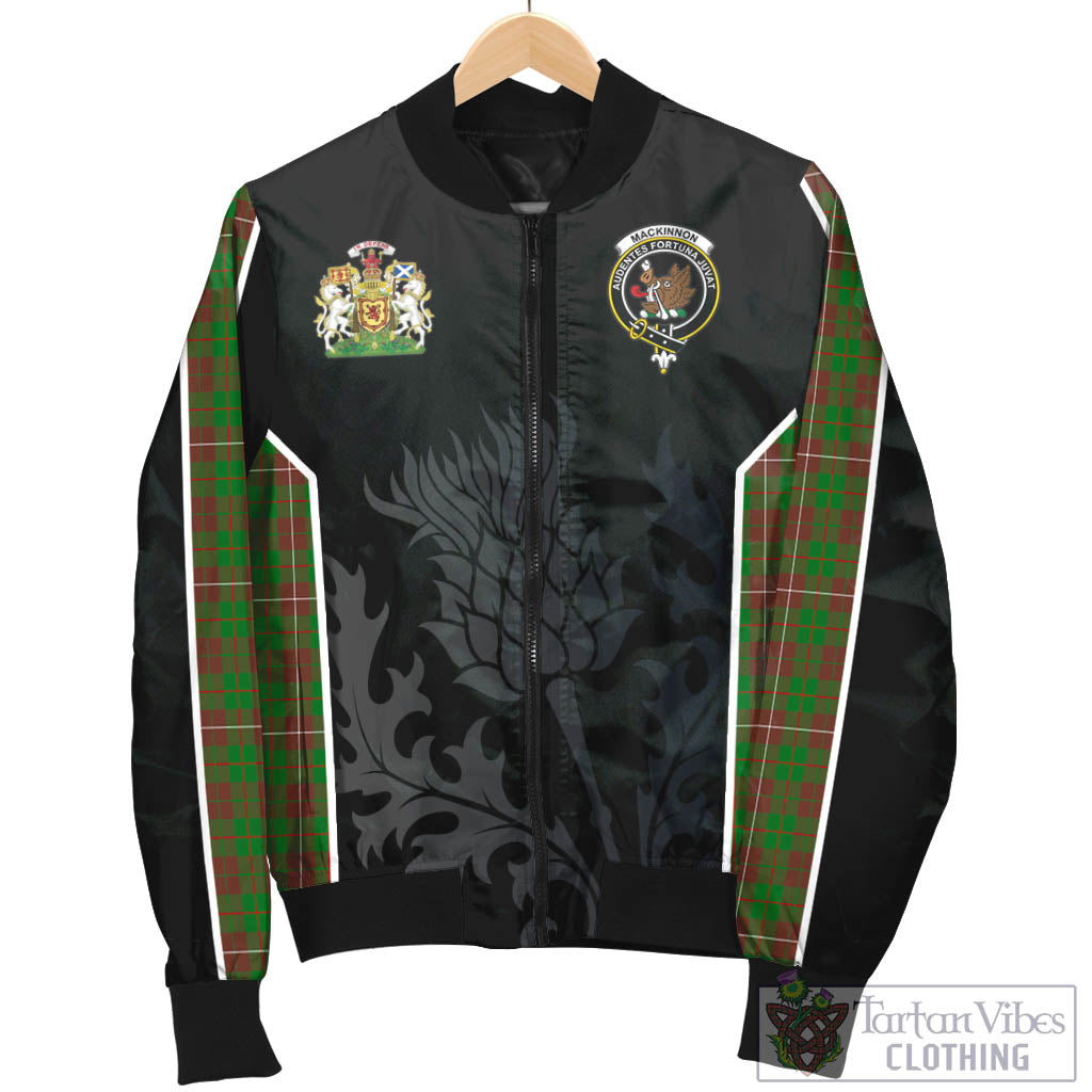 Tartan Vibes Clothing MacKinnon Hunting Modern Tartan Bomber Jacket with Family Crest and Scottish Thistle Vibes Sport Style