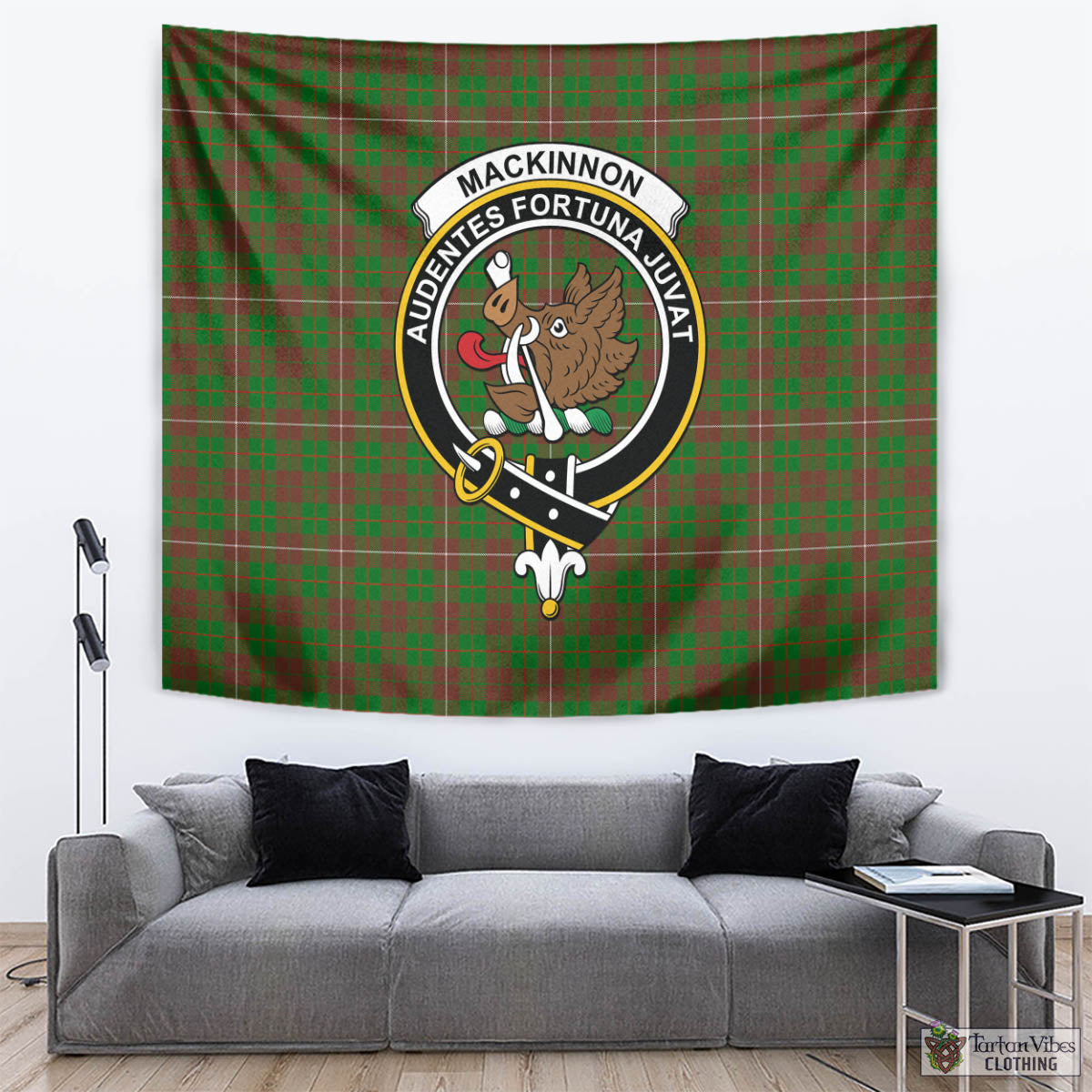 Tartan Vibes Clothing MacKinnon Hunting Modern Tartan Tapestry Wall Hanging and Home Decor for Room with Family Crest