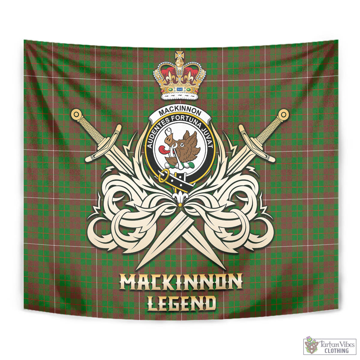 Tartan Vibes Clothing MacKinnon Hunting Modern Tartan Tapestry with Clan Crest and the Golden Sword of Courageous Legacy