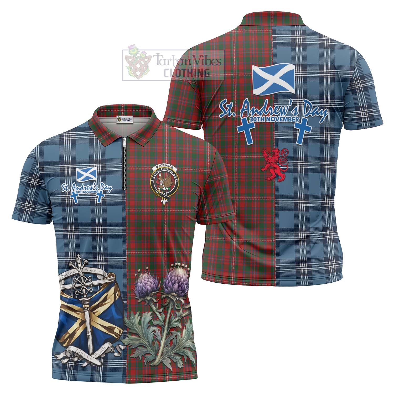 Tartan Vibes Clothing MacKinnon (McKinnon) Tartan Zipper Polo Shirt Happy St. Andrew's Day Half Tartan Style